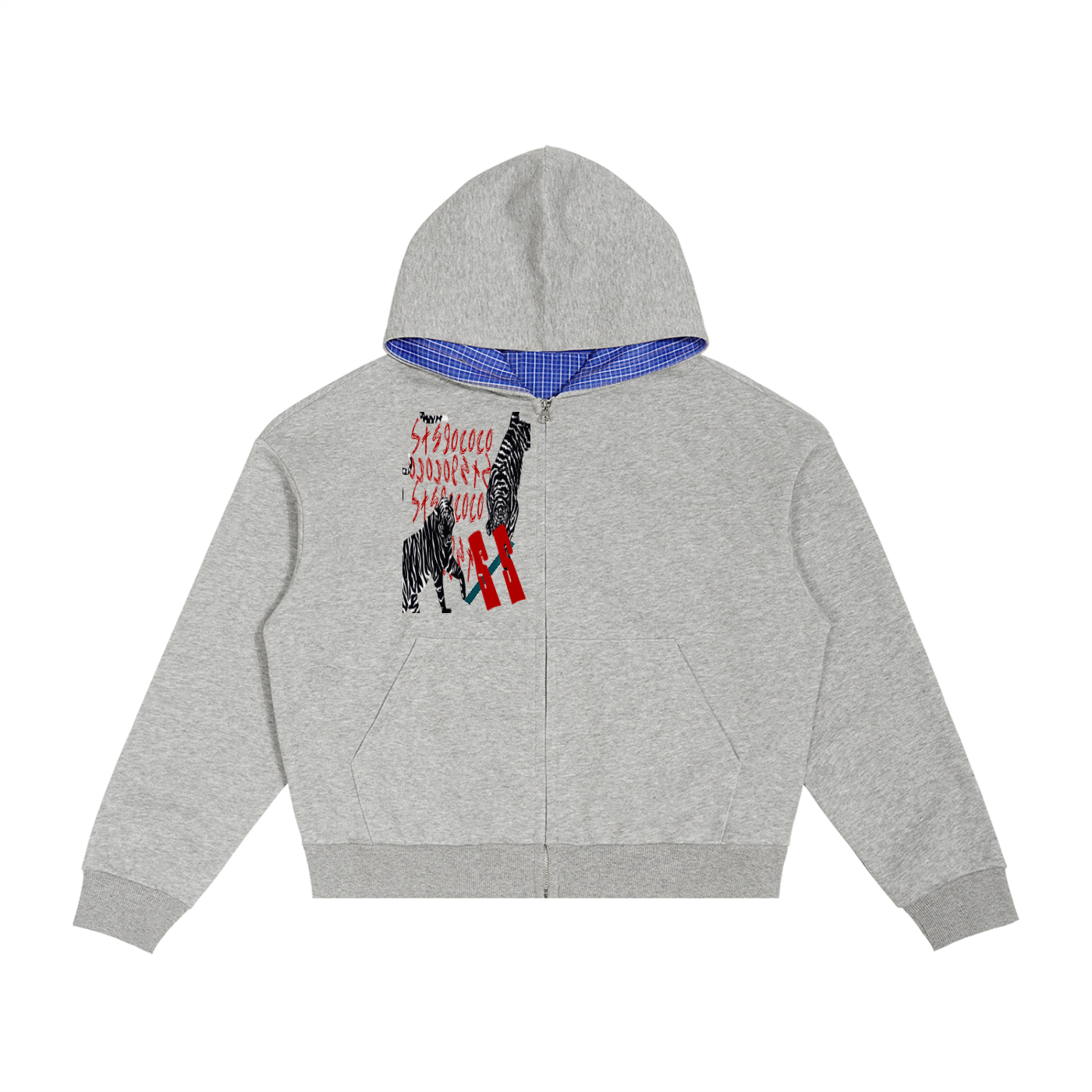 Contrast Plaid Boxy Zip Hoodie