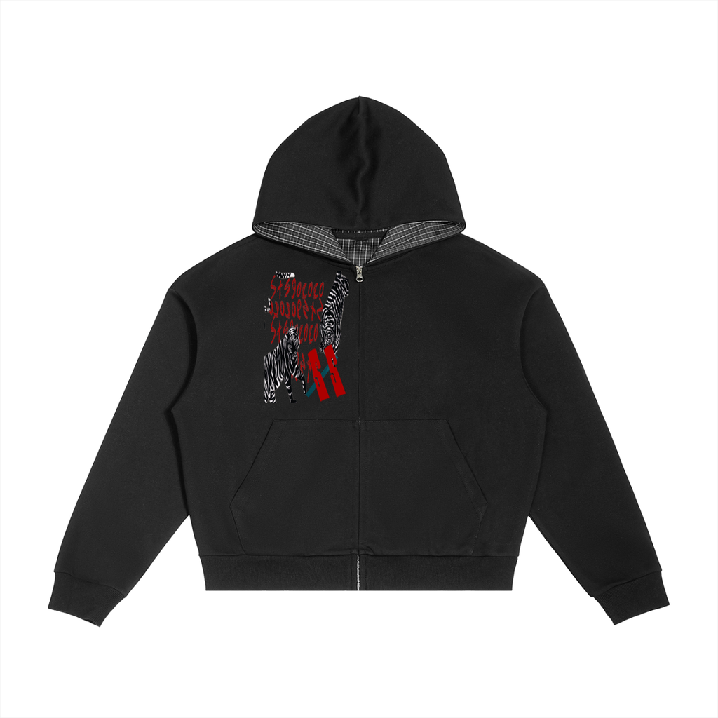 Contrast Plaid Boxy Zip Hoodie
