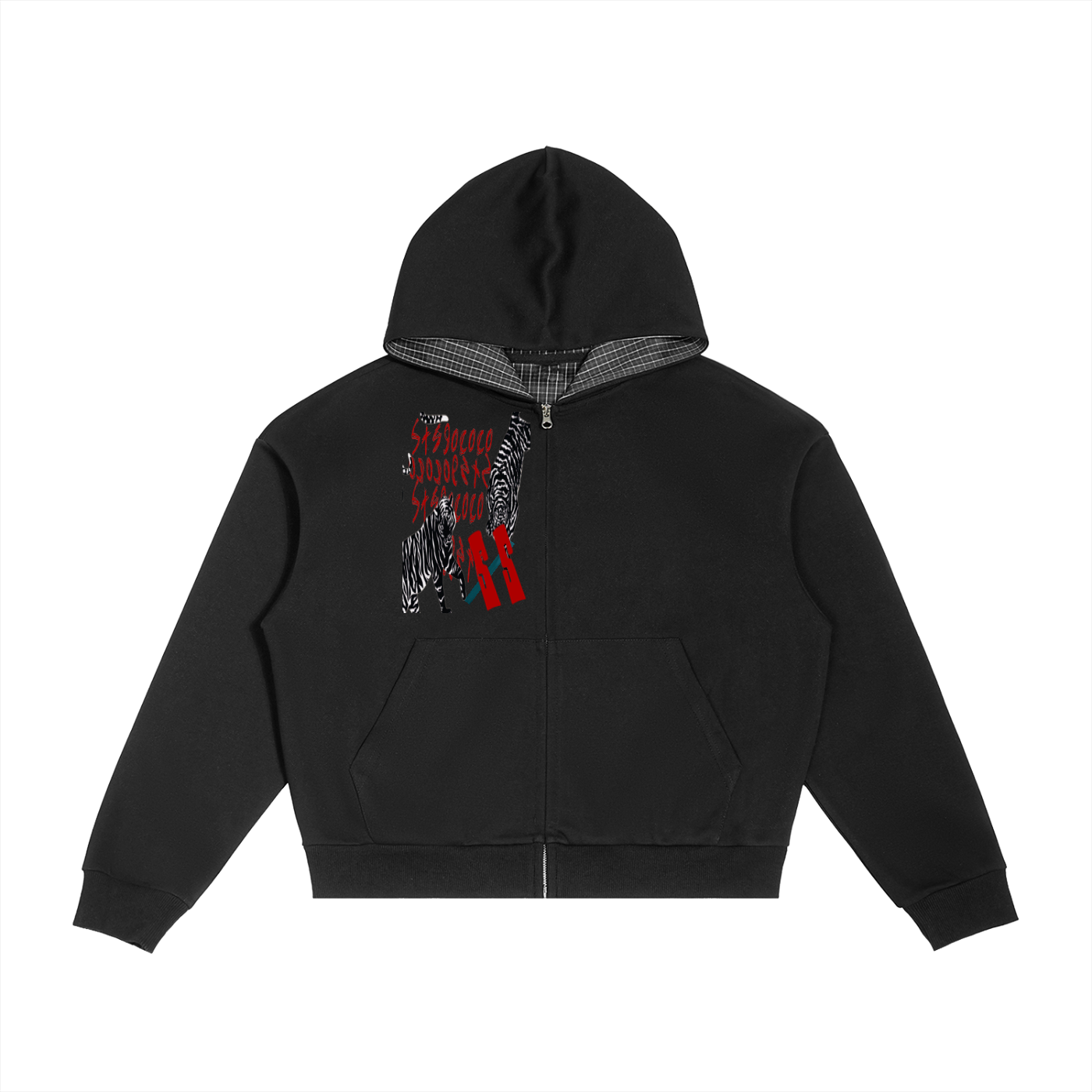 Contrast Plaid Boxy Zip Hoodie